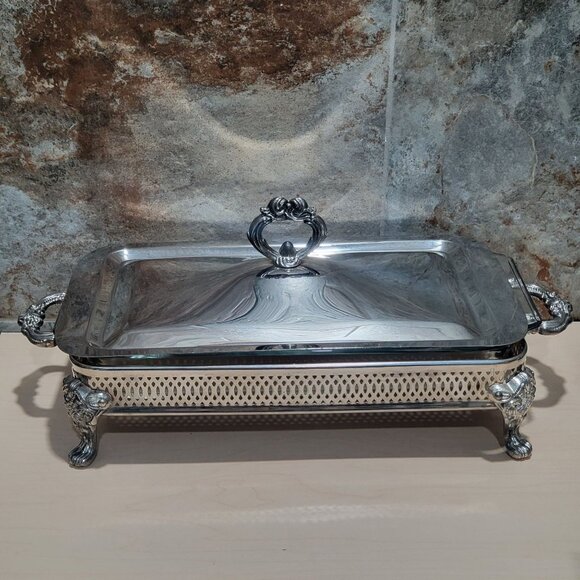 Silver Plated Rectangular Chafing Dish Glass Insert Decorative Scrollwork Accent - Picture 1 of 11